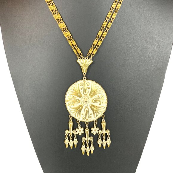 Vintage 70s Vendome Goldtone Medallion Statement Necklace Signed - Picture 1 of 7